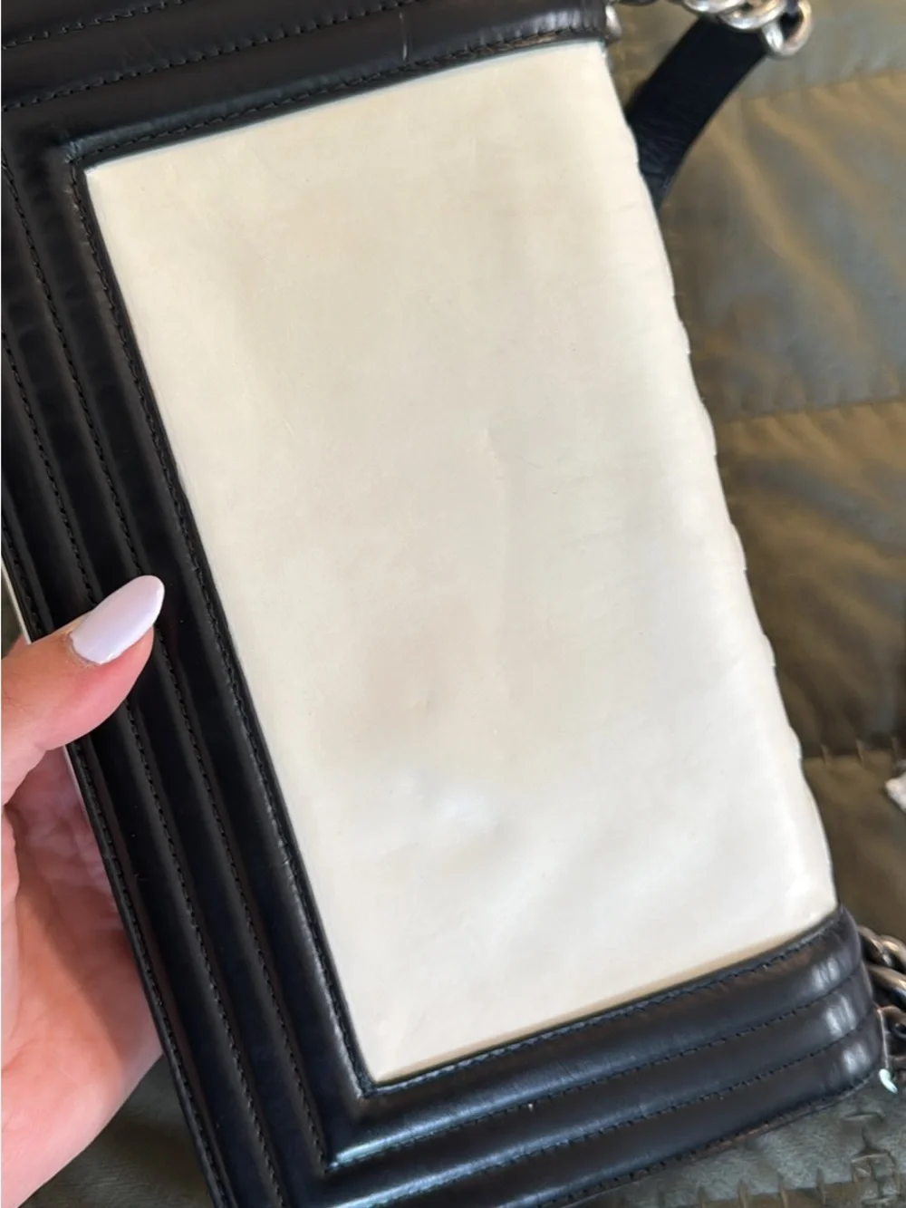 CHANEL Black and White Leather Chain Le Boy Bag